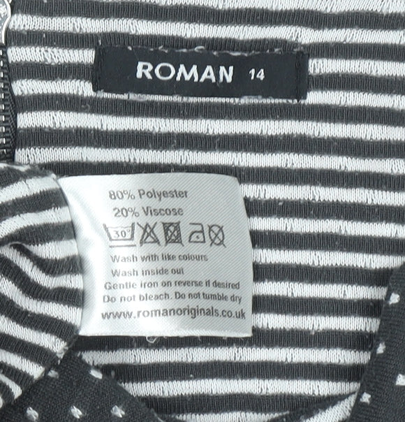 Brand and care label for Roman Women’s Black Polka Dot Shift Dress, size UK 14, 3/4 Sleeve Zip Back