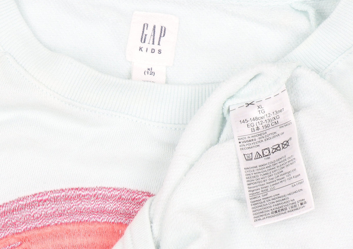 Brand and care label for Gap Kids girls’ blue rainbow sweatshirt xl 12-13 years cotton blend zip detail