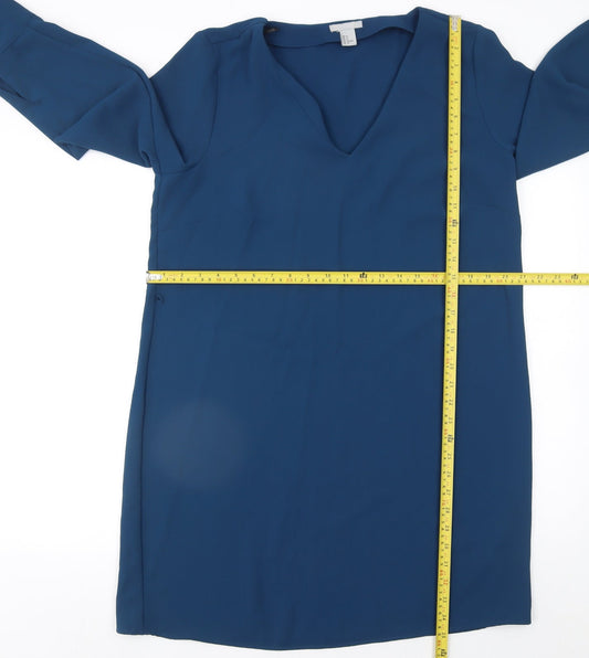 H&M Women Blue Shift Knee Length Dress Size 16 V-Neck Long Sleeve