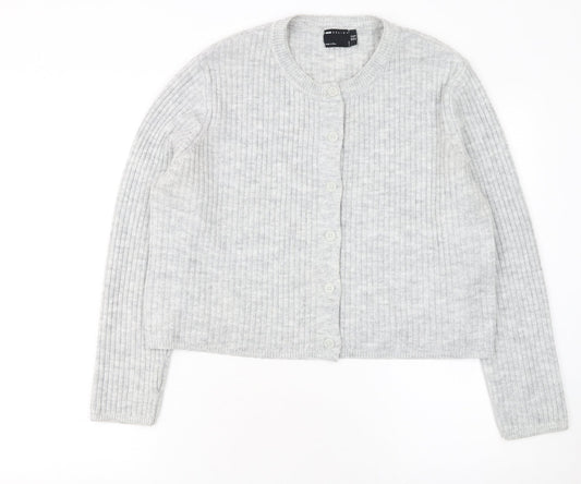 ASOS Women Grey Ribbed Crew Neck Long Sleeve Button Cardigan Size 14