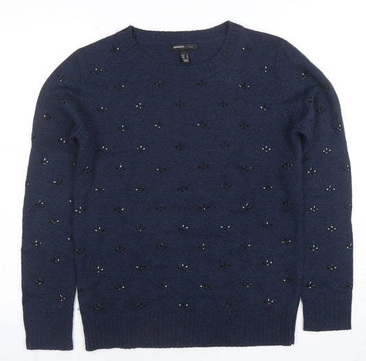 Mango Women's Blue Beaded Wool Blend Crew Neck Jumper Size 8