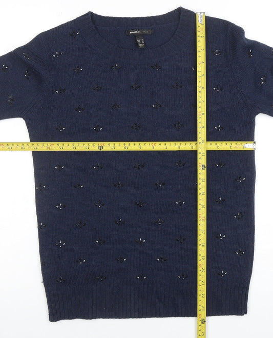 Mango Women's Blue Beaded Wool Blend Crew Neck Jumper Size 8
