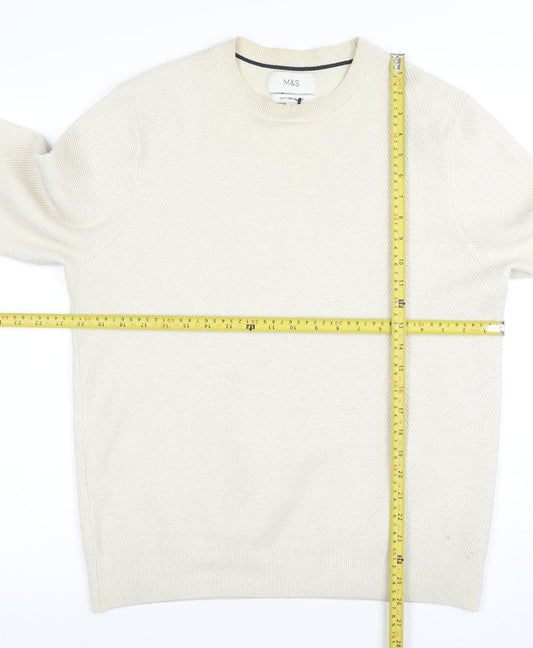 Marks and Spencer Men's Beige Cotton Blend Crew Neck Jumper M