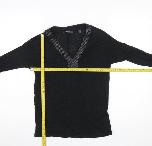 Esprit Women's Black Long Sleeve V-Neck Beaded Cotton Blouse Size S