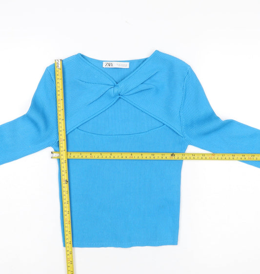 Zara Women Blue Slim Fit Bow Front Knit Pullover Jumper Size 12