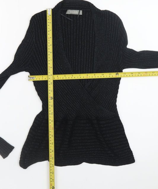 Oasis Women Black Metallic V-Neck Ribbed Knit Jumper Size S