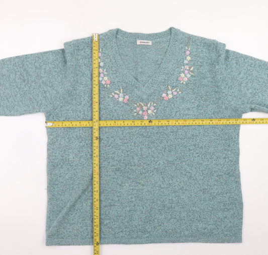 Damart Womens Green Embroidered V-Neck 3/4 Sleeve Jumper L 18/20