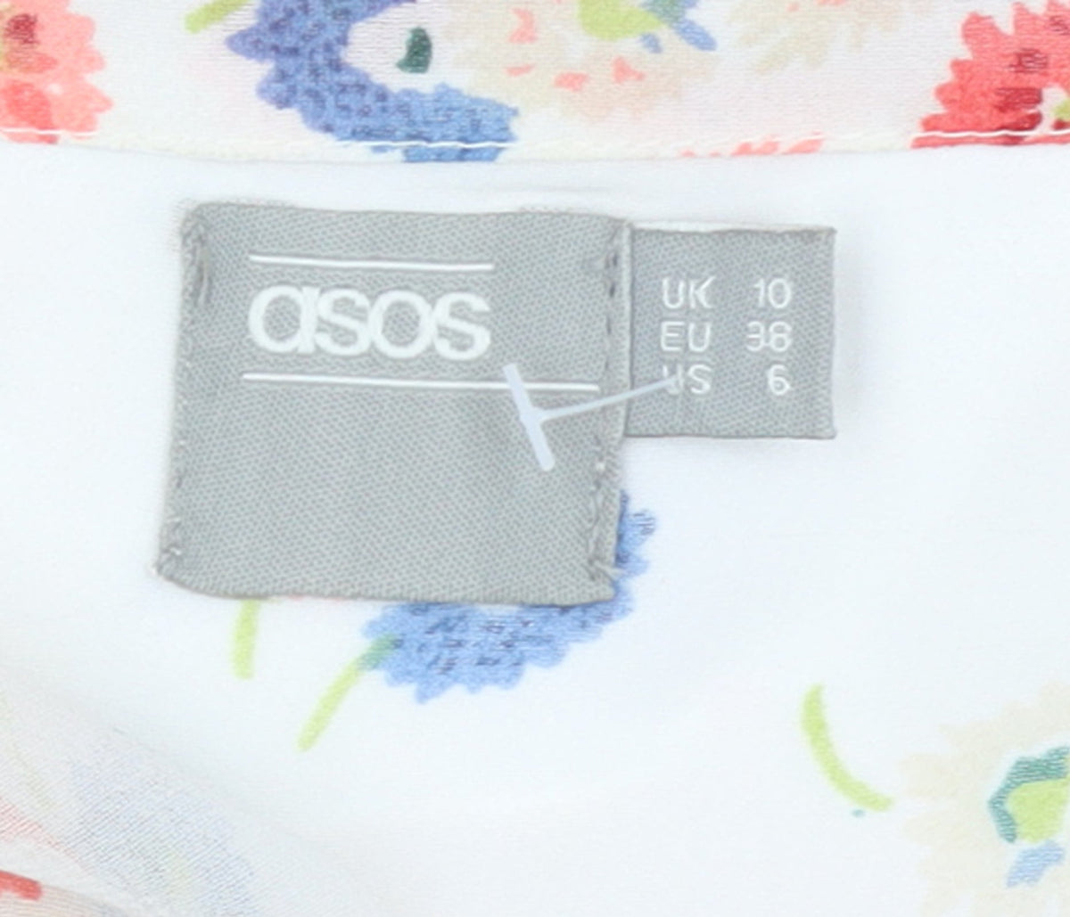 Brand and care label for ASOS Women’s Multicoloured Floral Fit & Flare Knee Dress, size UK 10