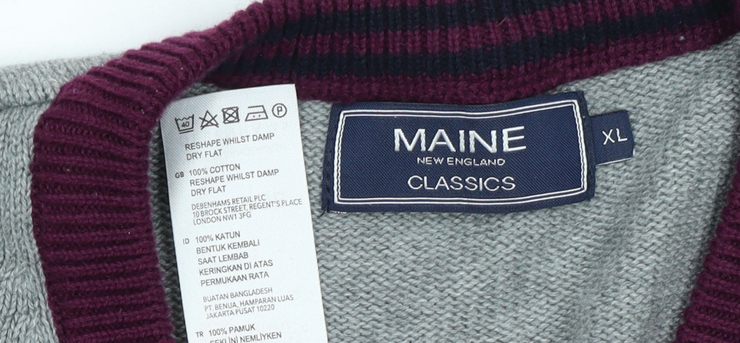 Brand and care label for Maine New England Men’s XL Grey Stripe Cotton V-Neck Jumper