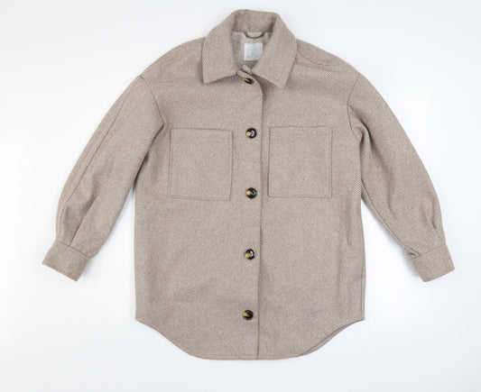 Primark Women Beige Herringbone Wool Blend Shacket Jacket 2XS