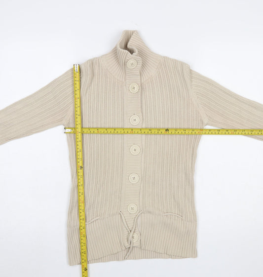 H&M L.O.G.G Women Beige Cotton Cable-Knit High Neck Cardigan S