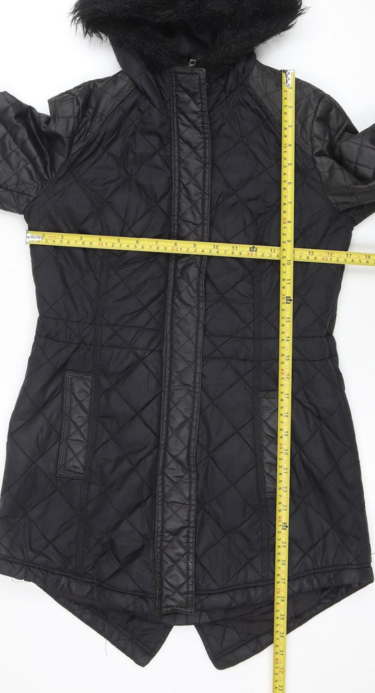 South Women’s Black Quilted Hooded Jacket UK 8 Faux Fur Trim