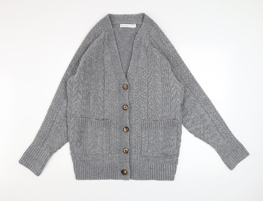 Warehouse Women’s Grey Cable Knit Cardigan Small Polyester Blend