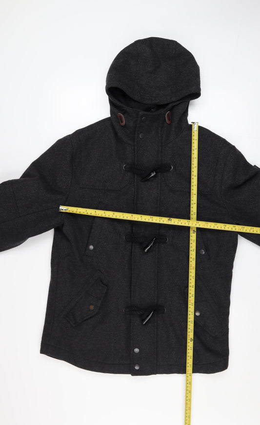 Next Men's Black Wool Blend Duffle Coat Size M Hooded Mid-Length Warm