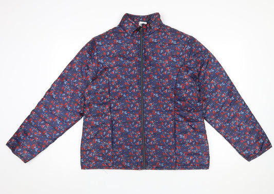 Additional front view of Anne De Lançay women’s blue floral puffer jacket m full zip quilted