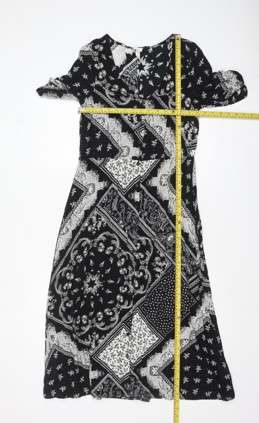 H&M Women’s Black Midi A-Line Dress Size 8 Bohemian Paisley Viscose