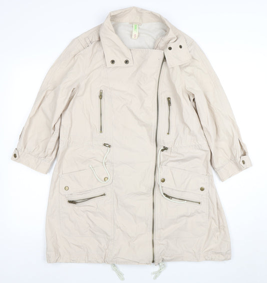Additional front view of Denim Co Women Beige Parka Coat, size 12, Long Zip Up Cotton Blend