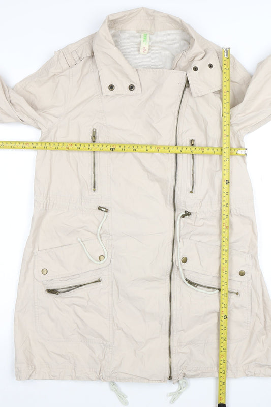 Denim Co Women Beige Parka Coat Size 12 Long Zip Up Cotton Blend