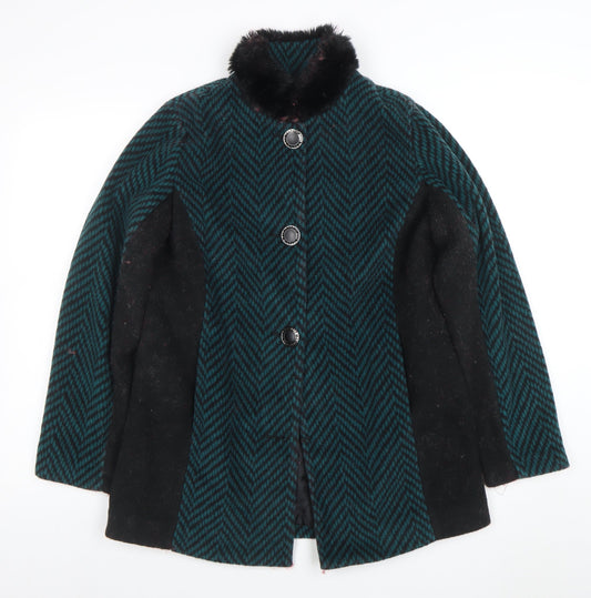 Boohoo Women Green Herringbone Faux Fur Collar Mid-Length Coat XS