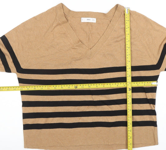 MNG Women Brown Striped Knit V-Neck Long Sleeve Top Size S