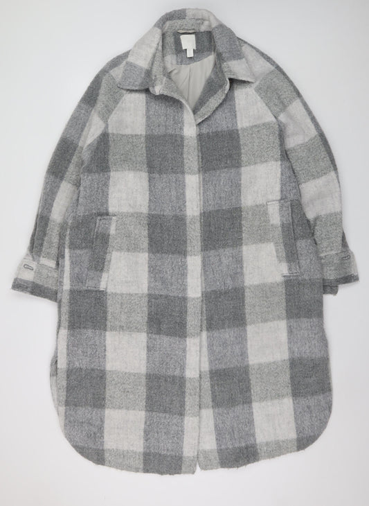 H&M Women Grey Check Long Wool Blend Overcoat Size M