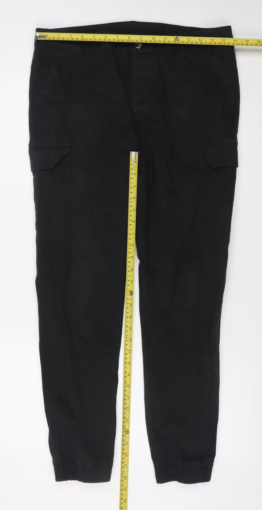 ASOS Men's Black Cargo Jeans 34W 32L Cotton Stretch Tapered Fit