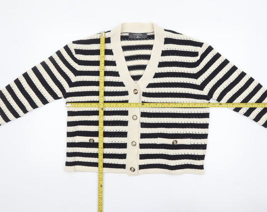 Primark Women Black & Beige Striped V-Neck Cardigan XL Acrylic Knit