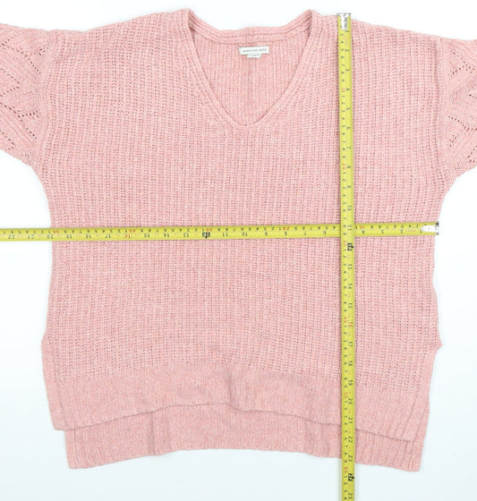 American Eagle Women Pink V-Neck Chunky Knit Jumper Size M