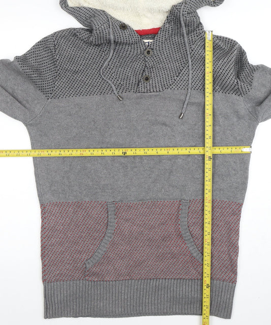Density Jeans Men's Grey Cotton Hooded Henley Jumper Size L