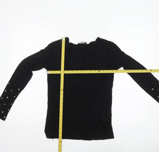Zara Women Black Viscose Beaded Sleeve V-Neck Jumper Size S
