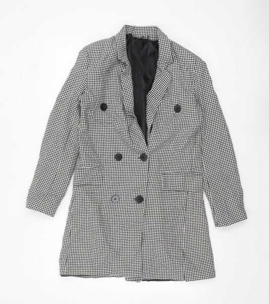 boohoo Women Black Houndstooth Double-Breasted Blazer Size 10