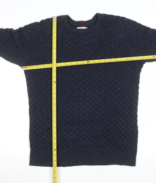 White Stuff Men's Blue Cable-Knit Cotton Jumper Size L