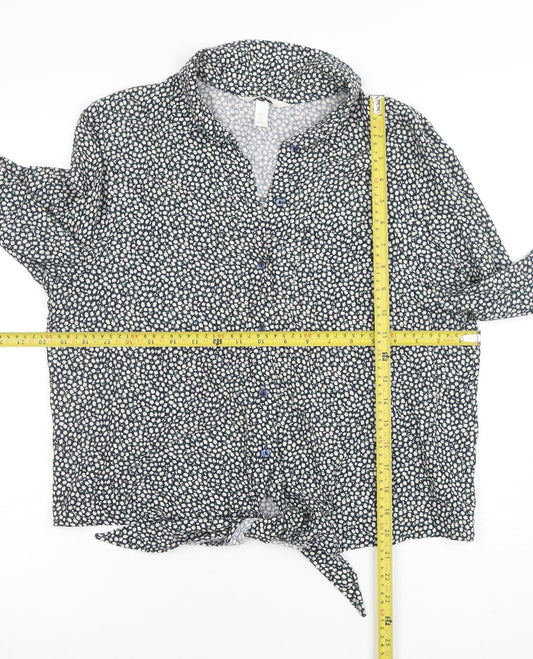 H&M Women's Blue Floral Tie Front Button-Up Blouse Size 8