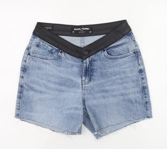 Additional front view of Social Tourist unisex blue denim frayed shorts size w28 regular fit