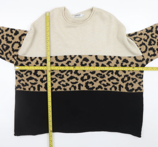 ONLY Womens Beige Leopard Print Crew Neck Jumper Size L