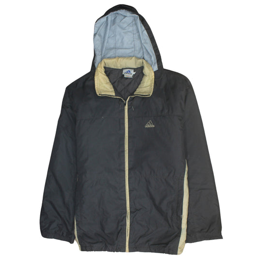 Additional front view of Adidas women’s black hooded puffer jacket, size L, lightweight winter coat