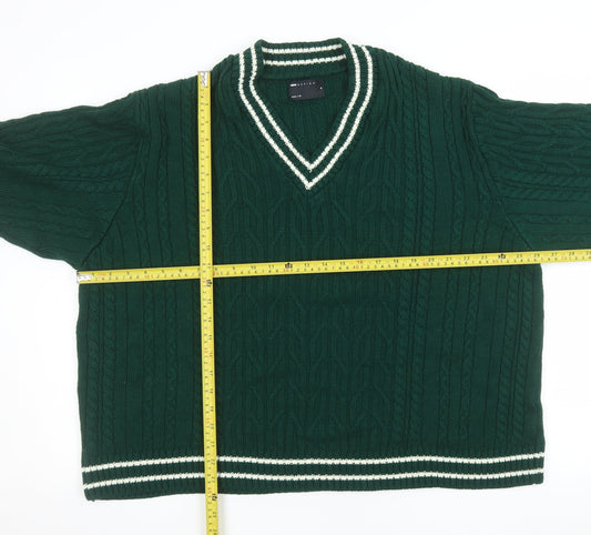 ASOS DESIGN Men's Green V-Neck Cable-Knit Jumper Size M