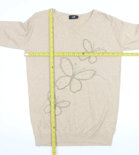 Wallis Womens Beige Butterfly Beaded Cotton Jumper Size S