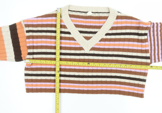 Urban Outfitters Women Brown Stripe V-Neck Cropped Jumper Size M