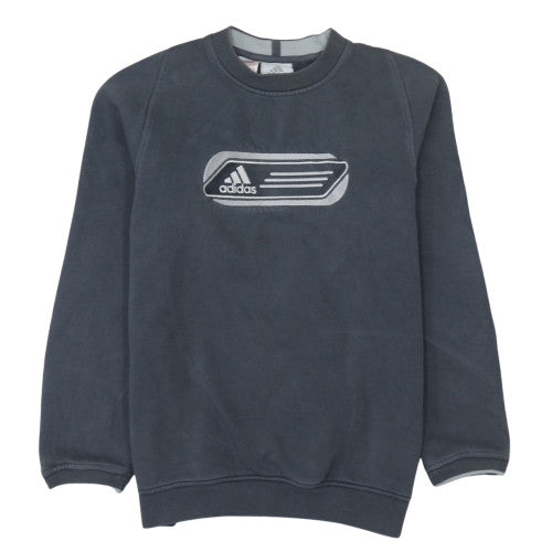 Additional front view of Adidas boys’ blue crew neck sweatshirt, size 14, years logo fleece pullover