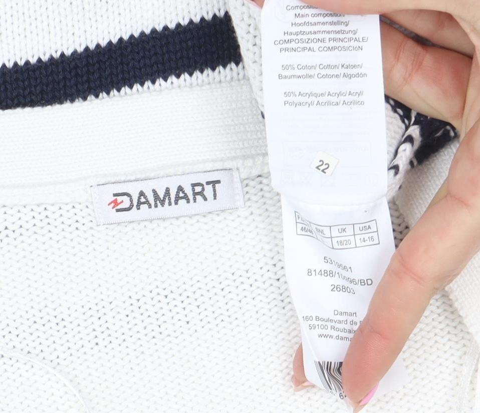 Damart Womens White Striped Cotton Blend V-Neck Cardigan Size 22