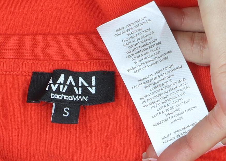 Brand and care label for boohooMAN Men's Red Crew Neck Short Sleeve Logo T-Shirt, size S