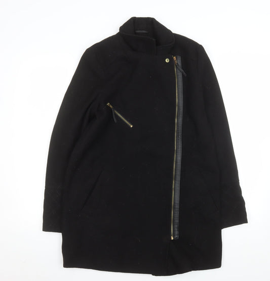 Dorothy Perkins Women’s Black Wool Biker Coat Size 12 Mid-Length Zip
