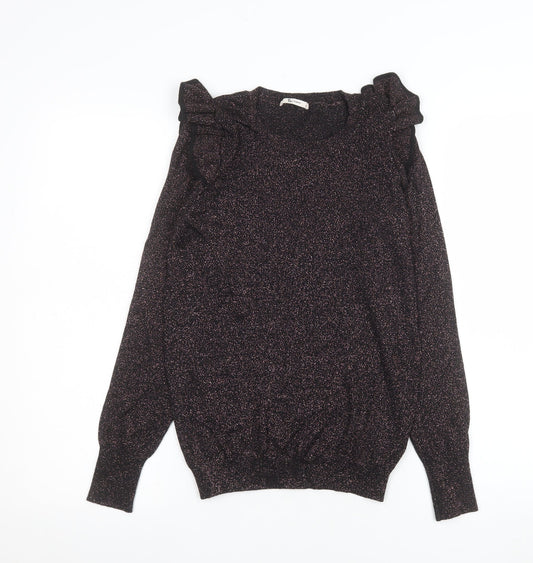 Additional front view of Tu Woman Black Glitter Ruffle Long Sleeve Knitted Blouse, size 8