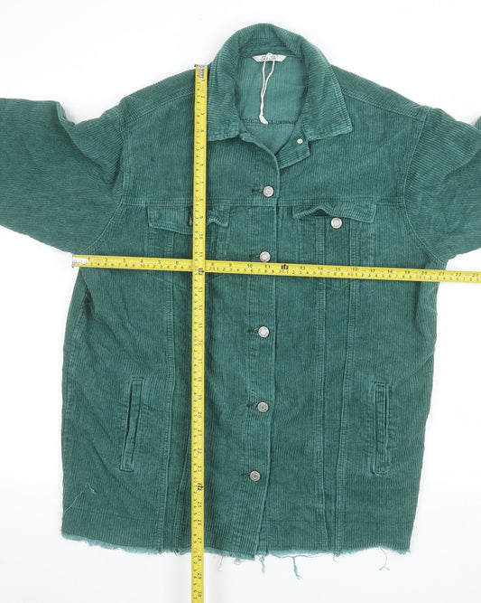 See See Women Green Corduroy Long Jacket S Button-Up Frayed Hem