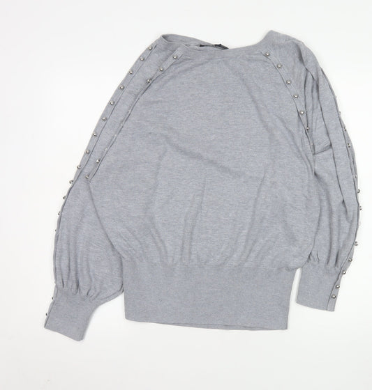 French Connection Women's Grey Studded Boat Neck Jumper XL