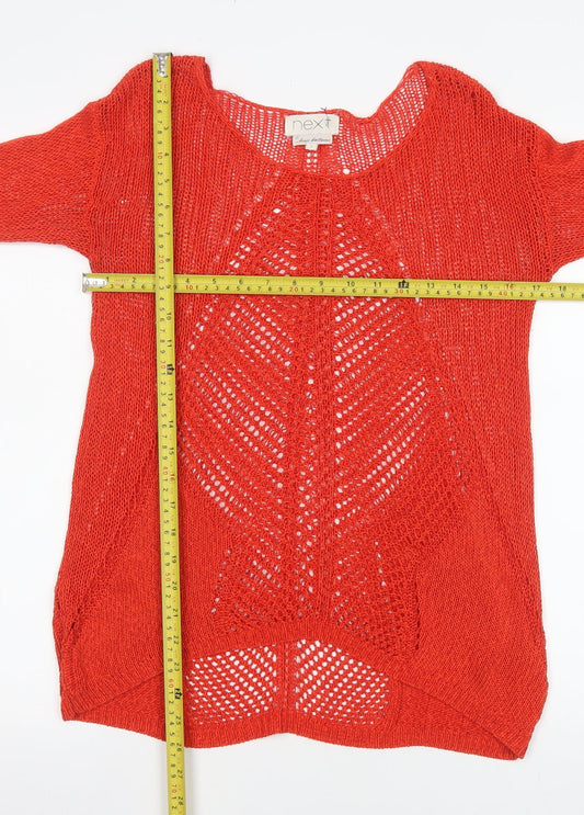 Next Women Red Open-Knit 3/4 Sleeve Scoop Pullover Jumper Size 8