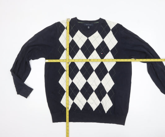 Tommy Hilfiger Men's Blue Argyle V-Neck Cotton Jumper XL