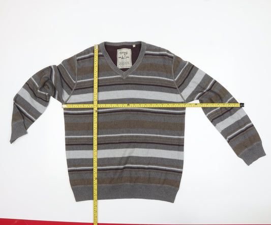 Mantaray Men's Grey Striped Cotton V-Neck Jumper Size L