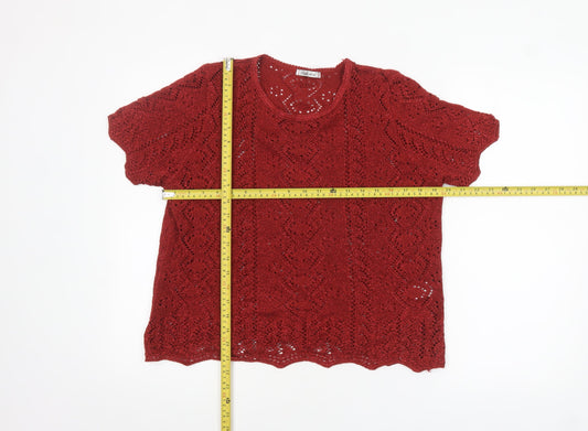 Berkertex Women Red Crochet Knit Short Sleeve Blouse Size 14